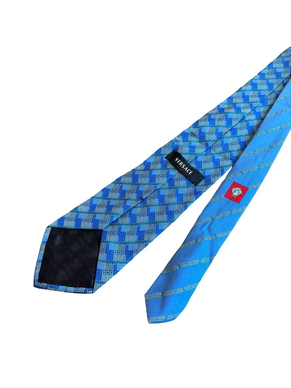 Versace 100% Silk Blue Geometric Print Neck Tie Luxury Designer Work Office